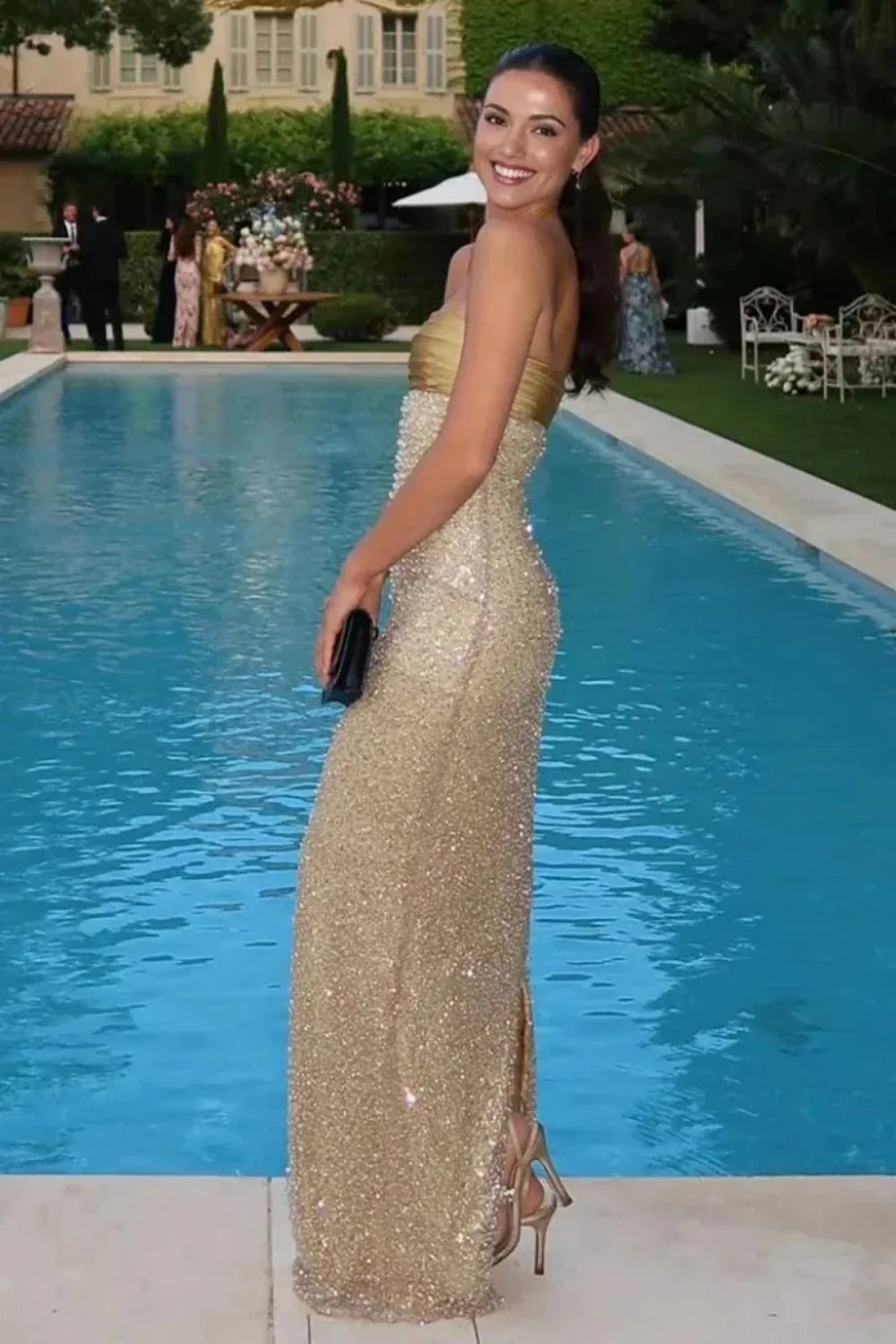 Bling Sheath Strapless Lilac Long Prom Dress with Pearls Slit AD011