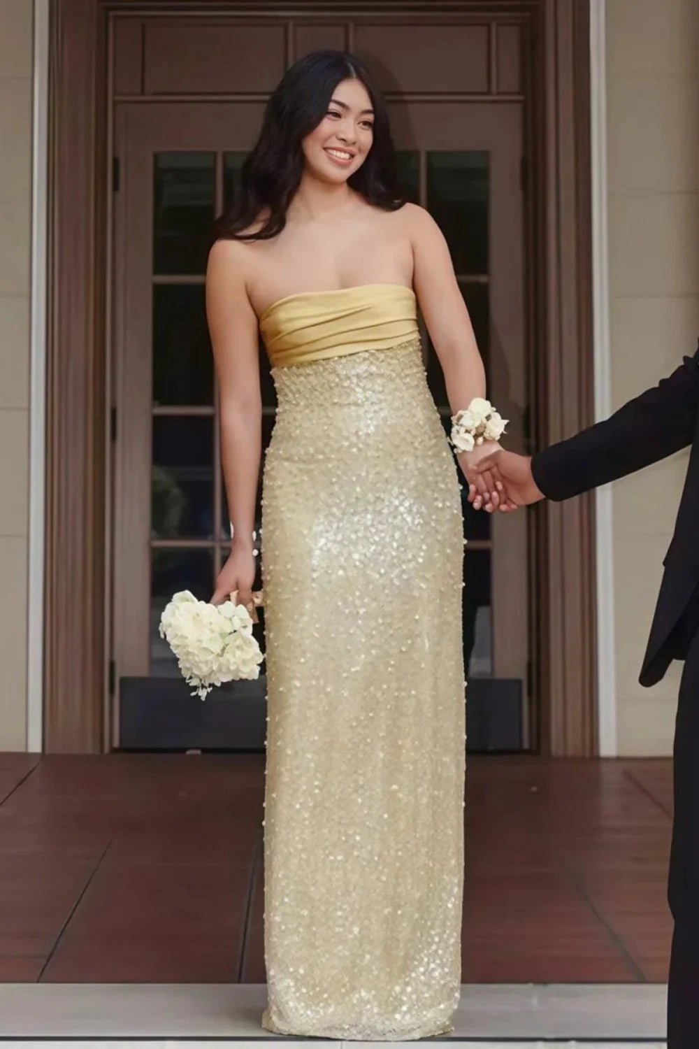 Bling Sheath Strapless Lilac Long Prom Dress with Pearls Slit AD011