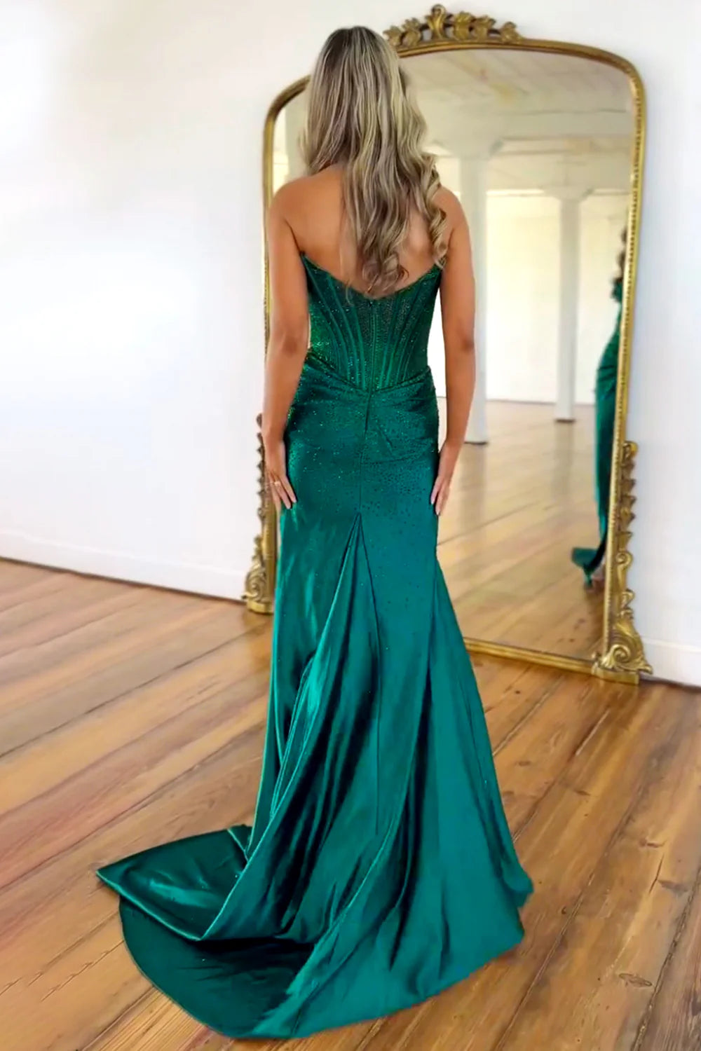 Gorgeous Sparkly Mermaid Strapless Long Beaded Prom Dress with Leg Slit AD012