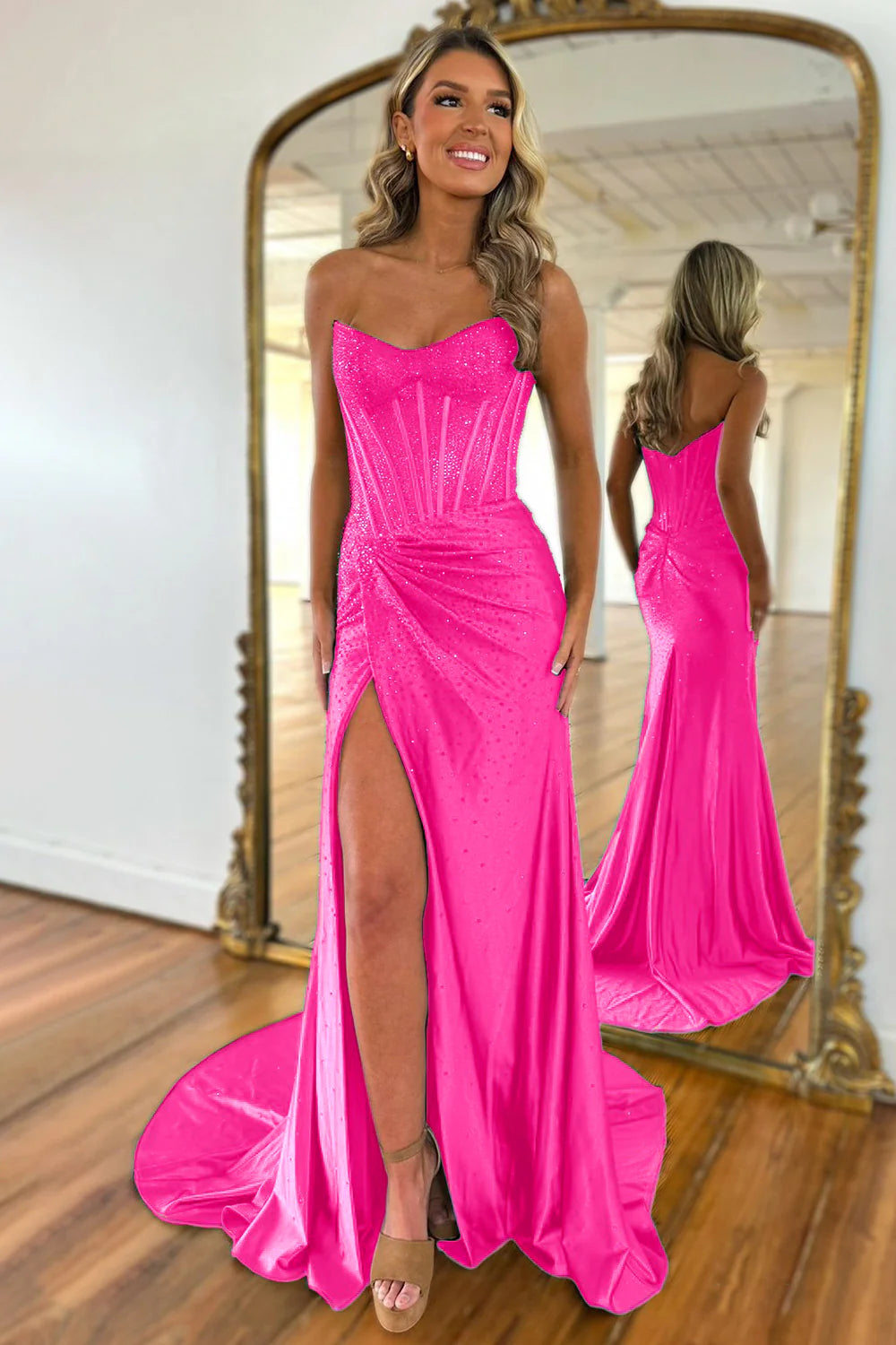 Gorgeous Sparkly Mermaid Strapless Long Beaded Prom Dress with Leg Slit AD012