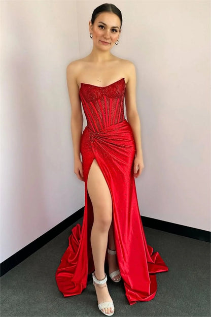Gorgeous Sparkly Mermaid Strapless Long Beaded Prom Dress with Leg Slit AD012