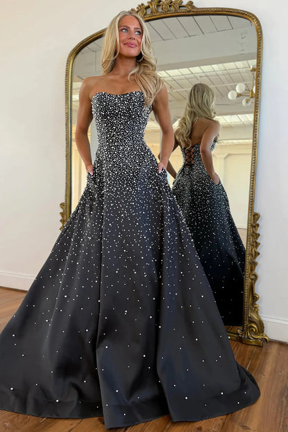 Light Pink Strapless Beaded Prom Dress A-Line Satin Gown with Corset Back AD013