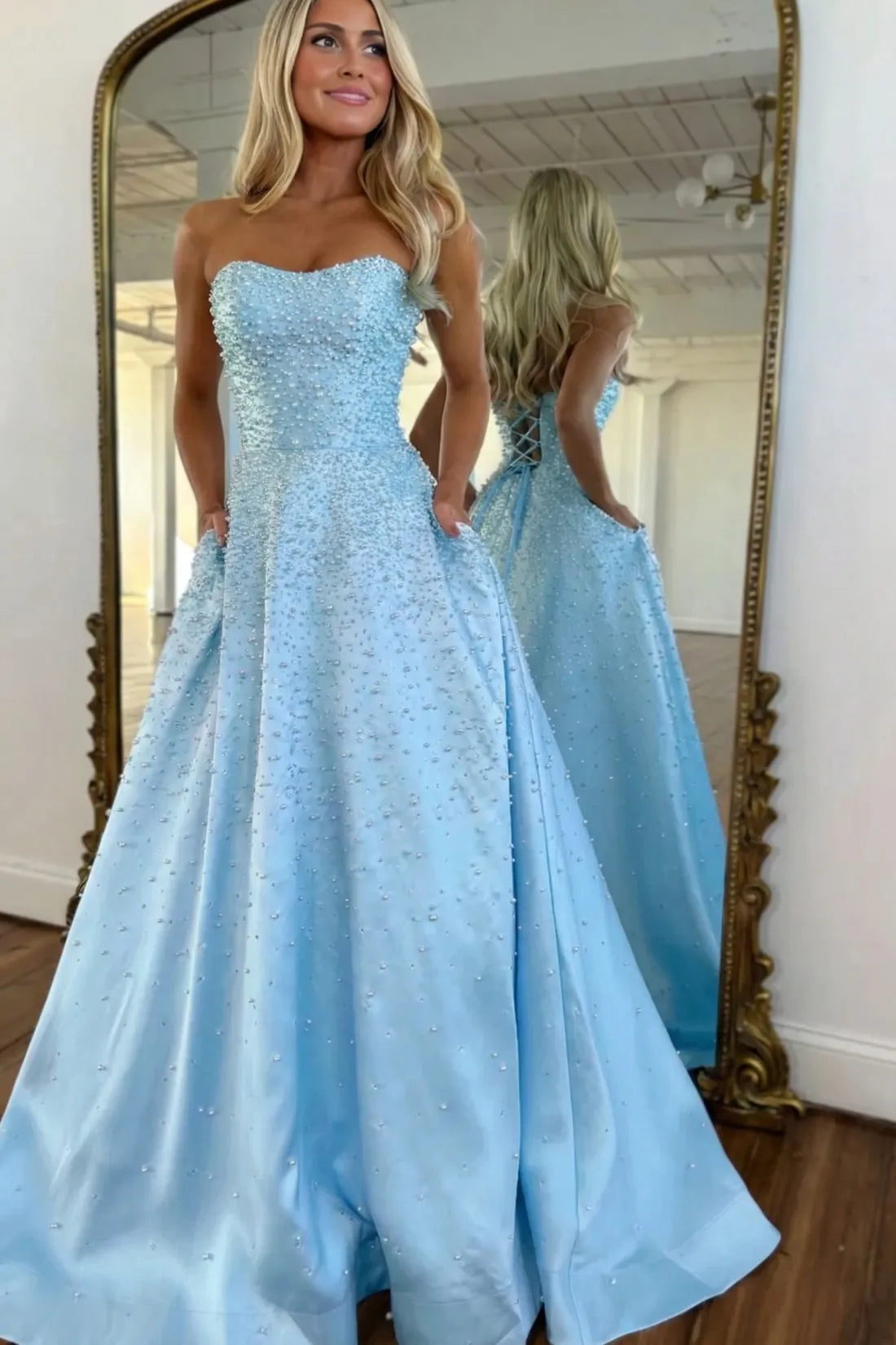 Light Pink Strapless Beaded Prom Dress A-Line Satin Gown with Corset Back AD013