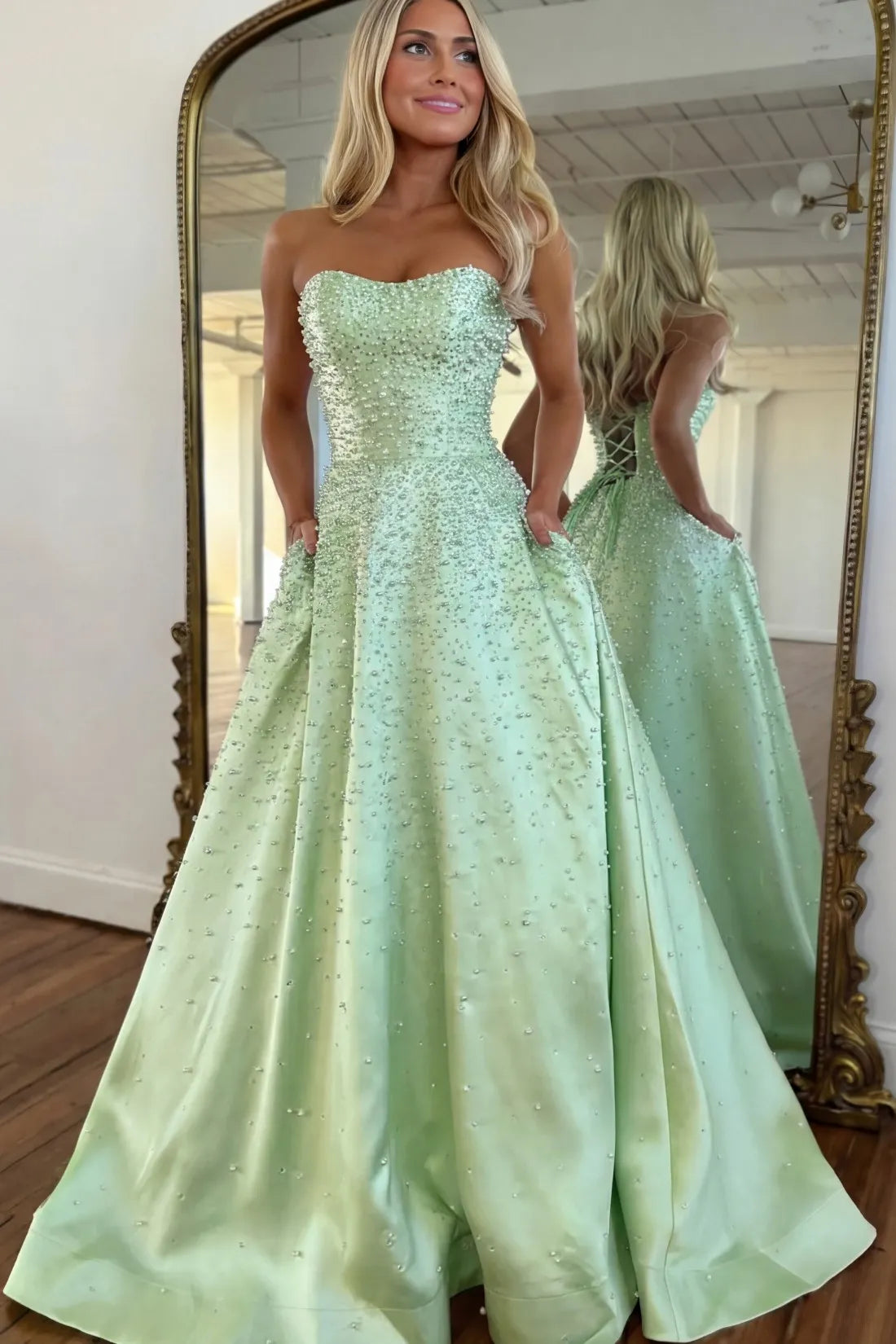 Light Pink Strapless Beaded Prom Dress A-Line Satin Gown with Corset Back AD013