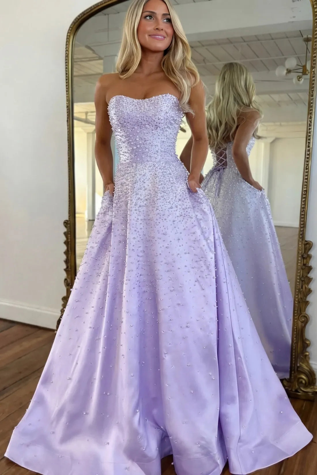 Light Pink Strapless Beaded Prom Dress A-Line Satin Gown with Corset Back AD013