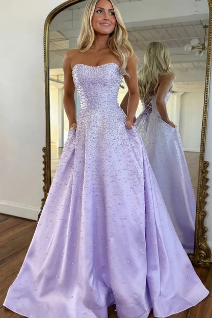 Light Pink Strapless Beaded Prom Dress A-Line Satin Gown with Corset Back AD013