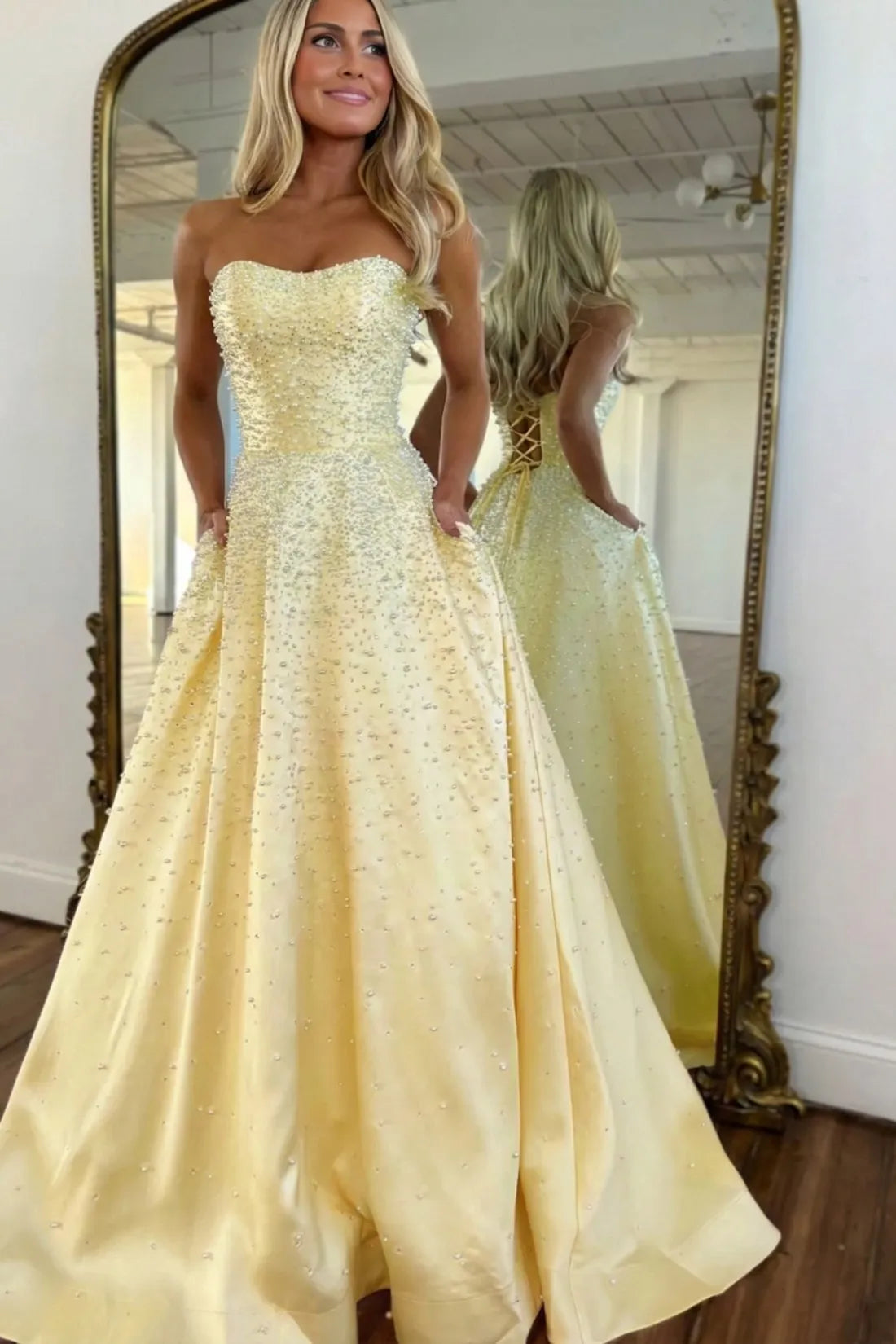 Light Pink Strapless Beaded Prom Dress A-Line Satin Gown with Corset Back AD013