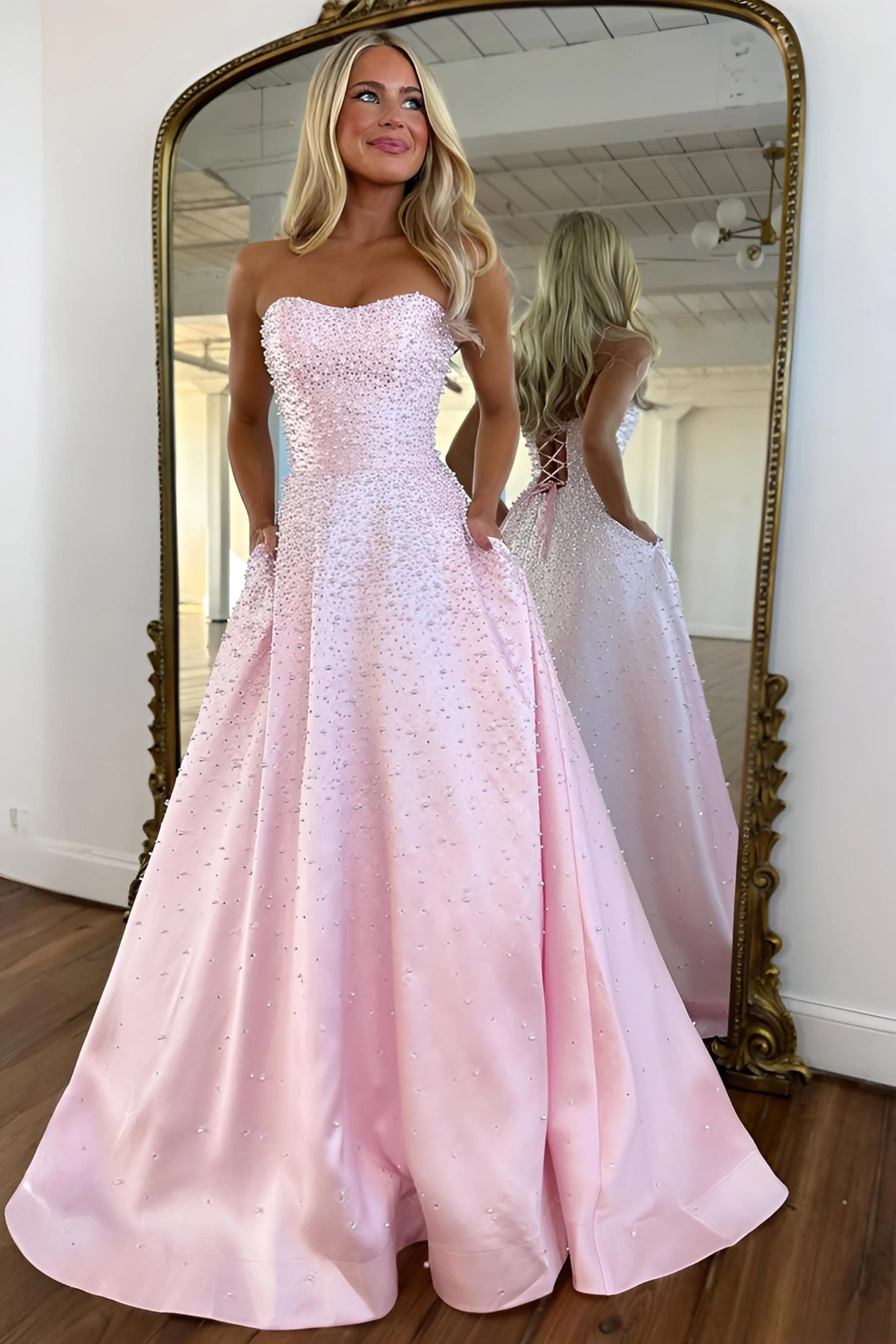 Light Pink Strapless Beaded Prom Dress A-Line Satin Gown with Corset Back AD013