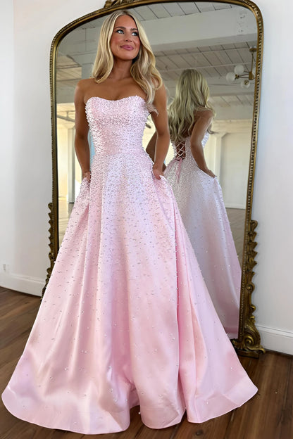 Light Pink Strapless Beaded Prom Dress A-Line Satin Gown with Corset Back AD013