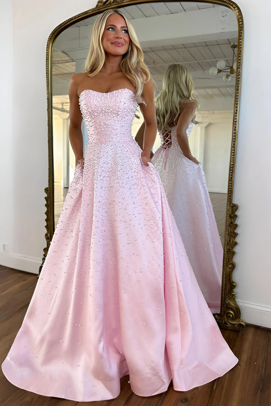 Light Pink Strapless Beaded Prom Dress A-Line Satin Gown with Corset Back AD013