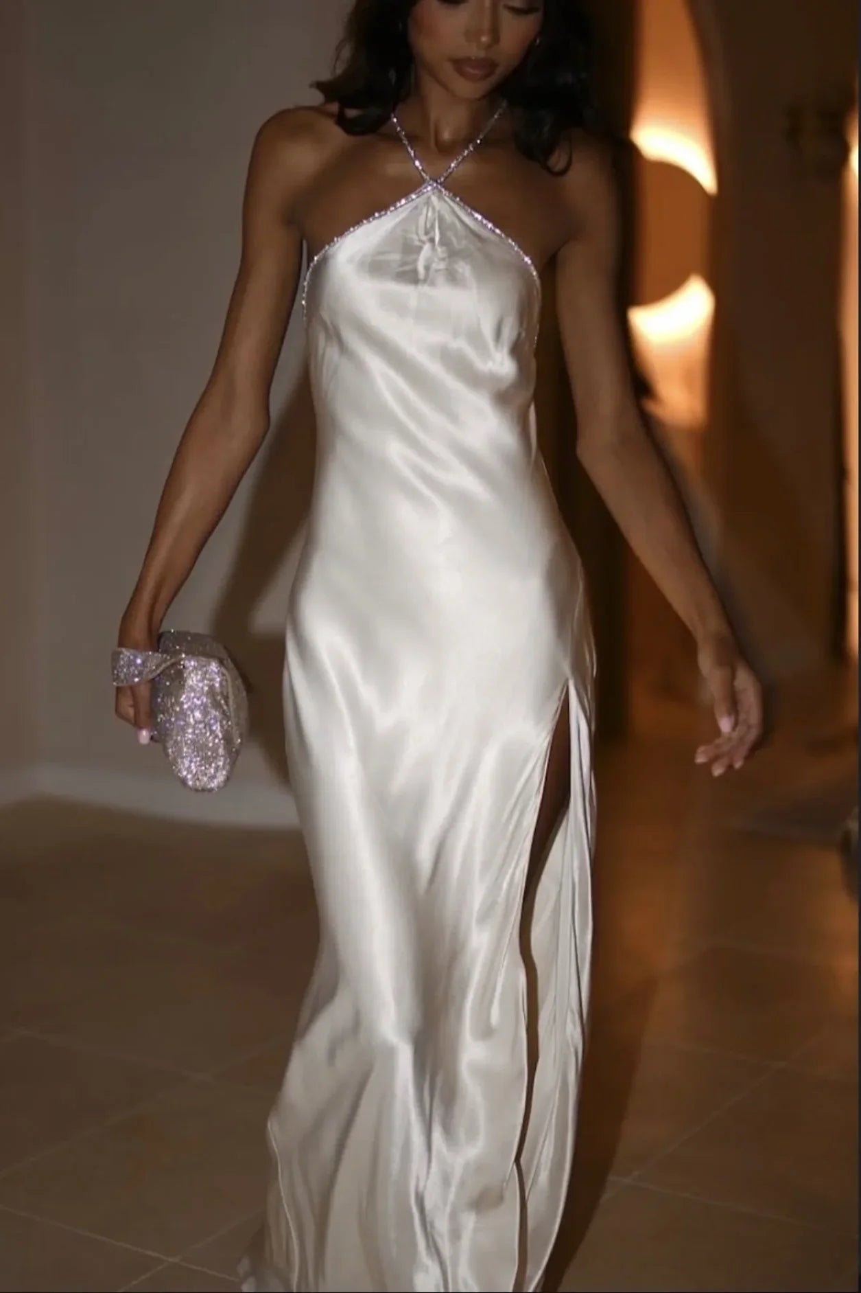 Hot Sheath Halter Neck White Long Party Dress with Split Front Beading AD014