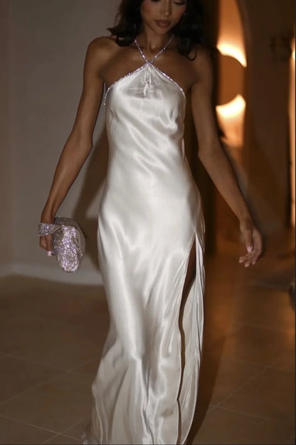 Hot Sheath Halter Neck White Long Party Dress with Split Front Beading AD014