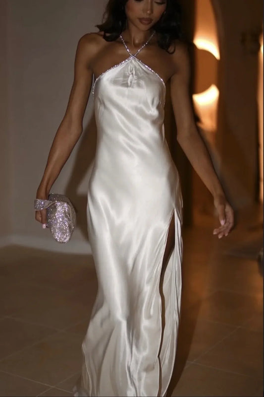 Hot Sheath Halter Neck White Long Party Dress with Split Front Beading AD014