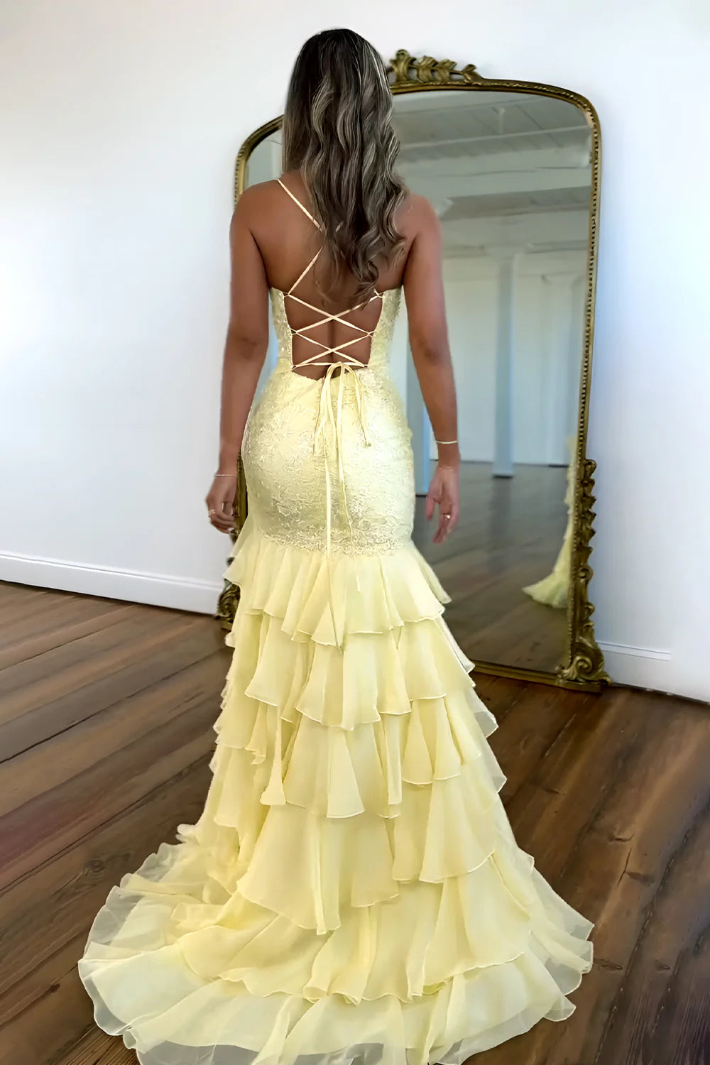 Charming Lilac Mermaid Spaghetti Straps Lace Up Long Prom Dress with Ruffle Skirt AD015