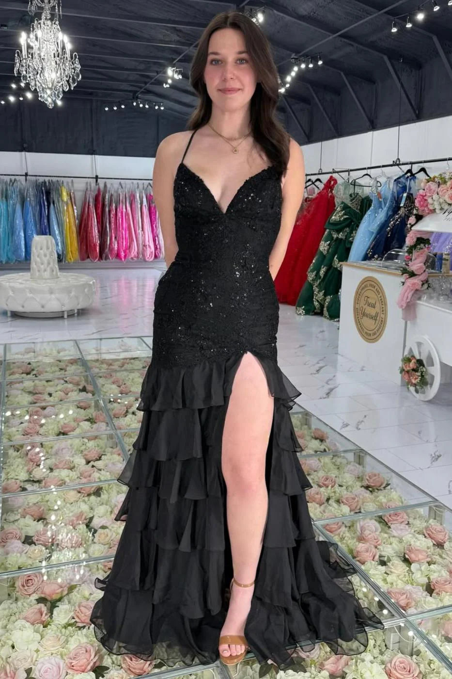 Charming Lilac Mermaid Spaghetti Straps Lace Up Long Prom Dress with Ruffle Skirt AD015