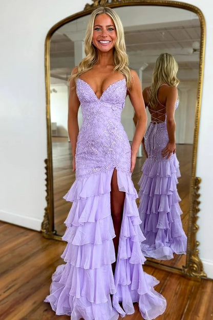 Charming Lilac Mermaid Spaghetti Straps Lace Up Long Prom Dress with Ruffle Skirt AD015
