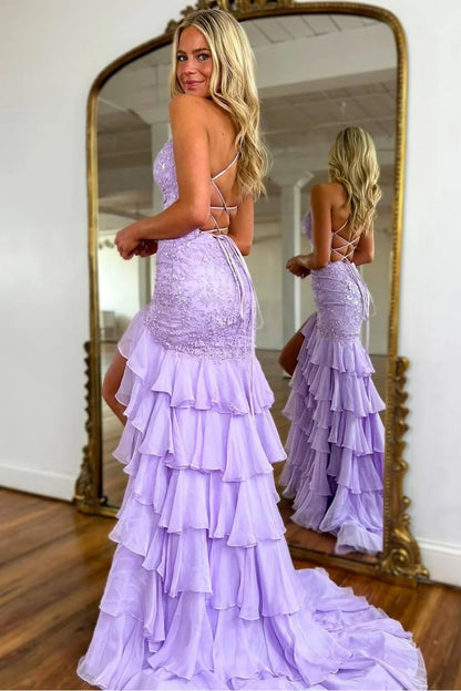 Charming Lilac Mermaid Spaghetti Straps Lace Up Long Prom Dress with Ruffle Skirt AD015