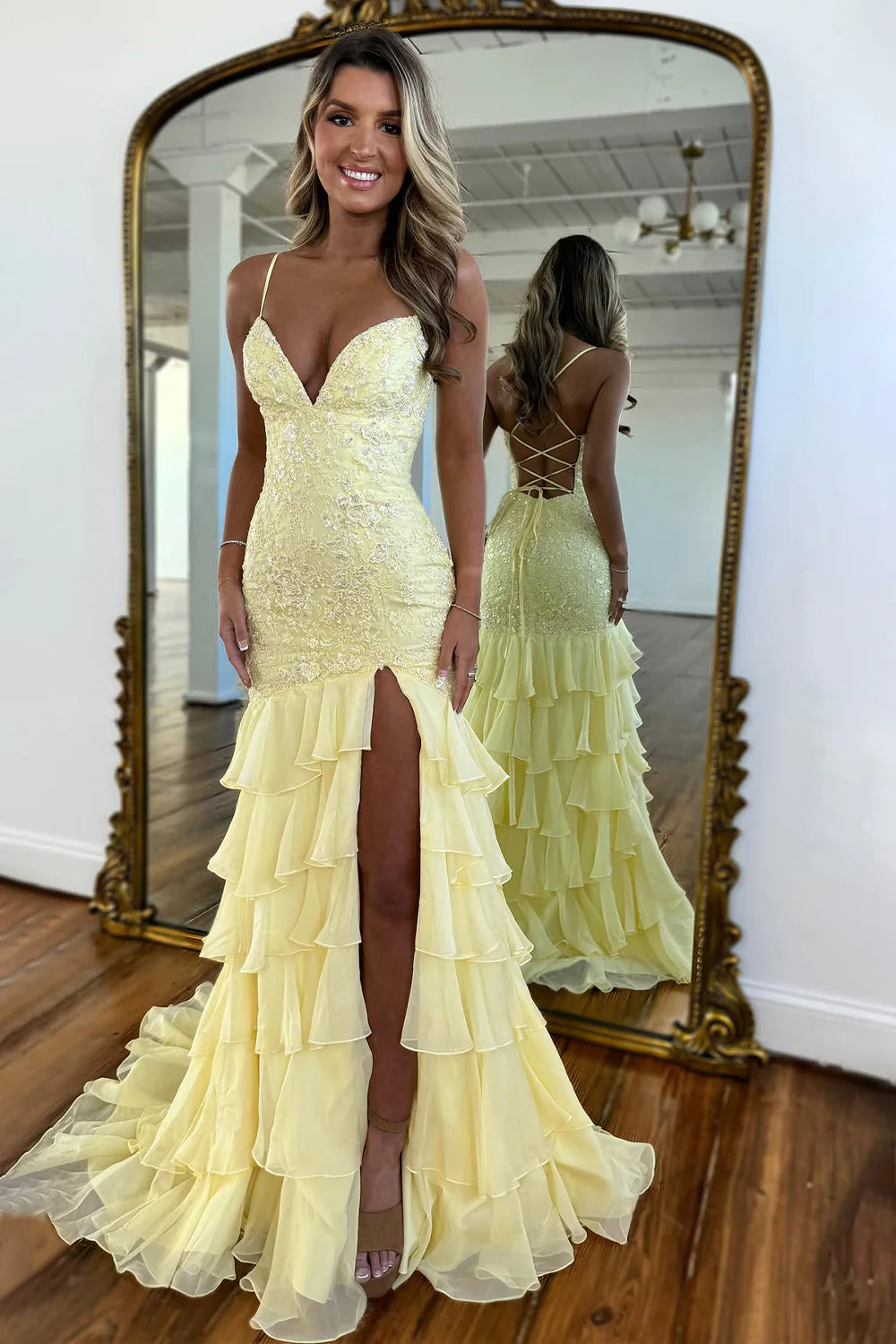 Charming Lilac Mermaid Spaghetti Straps Lace Up Long Prom Dress with Ruffle Skirt AD015