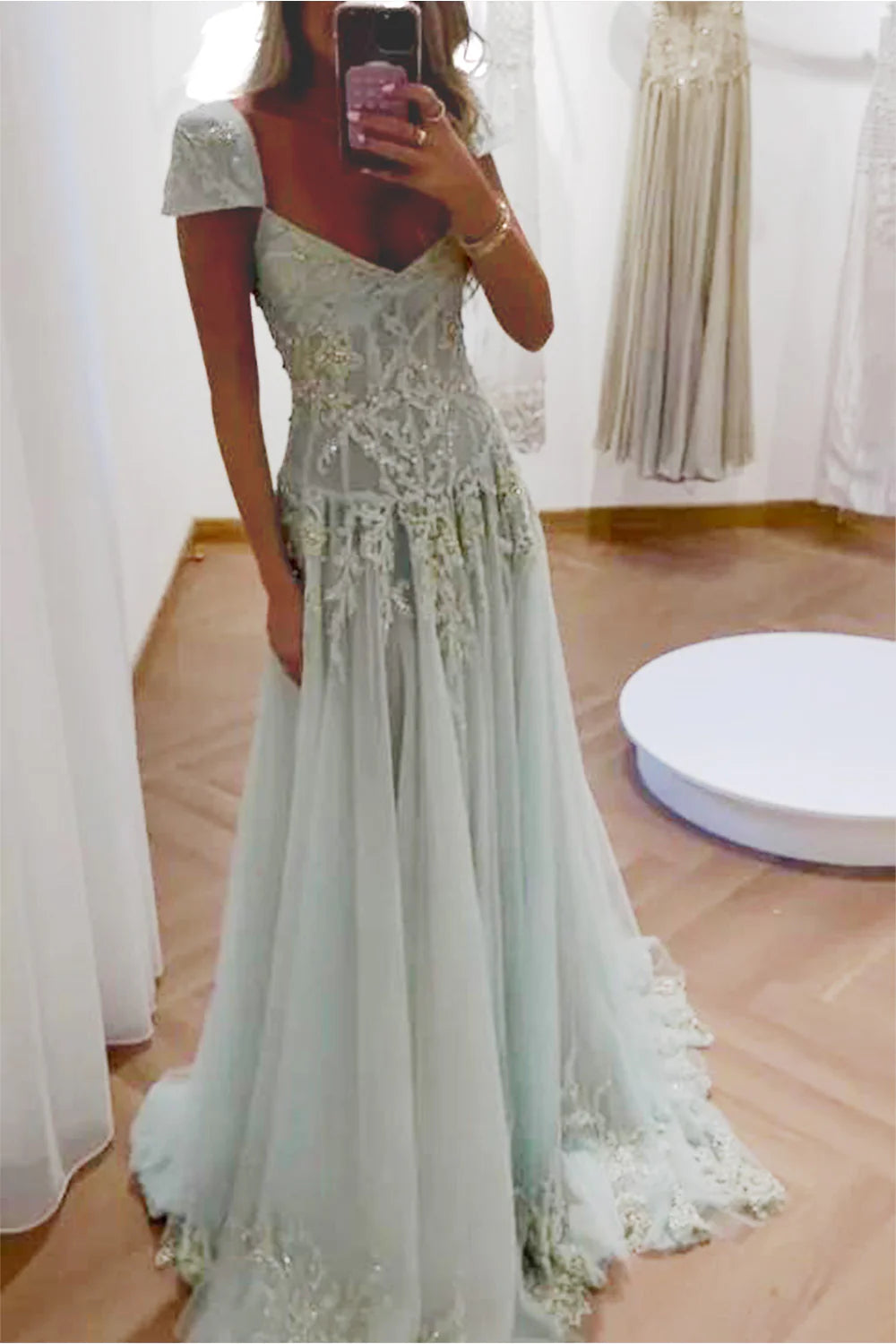 Gorgeous A Line Sweetheart Light Green Long Prom Dress with Appliques AD016