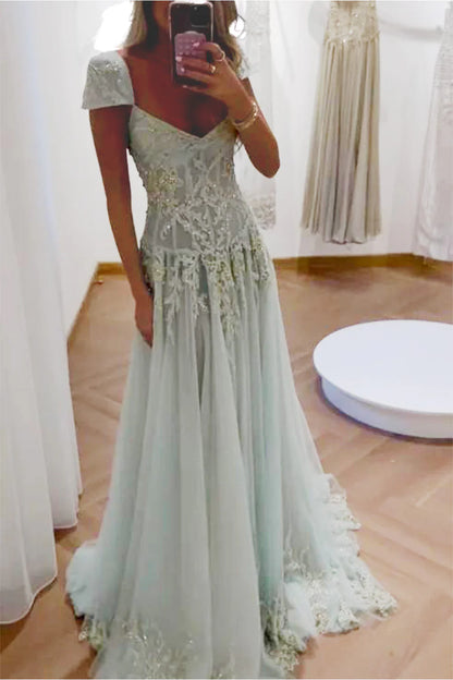 Gorgeous A Line Sweetheart Light Green Long Prom Dress with Appliques AD016
