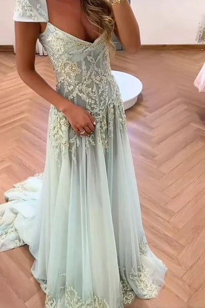 Gorgeous A Line Sweetheart Light Green Long Prom Dress with Appliques AD016