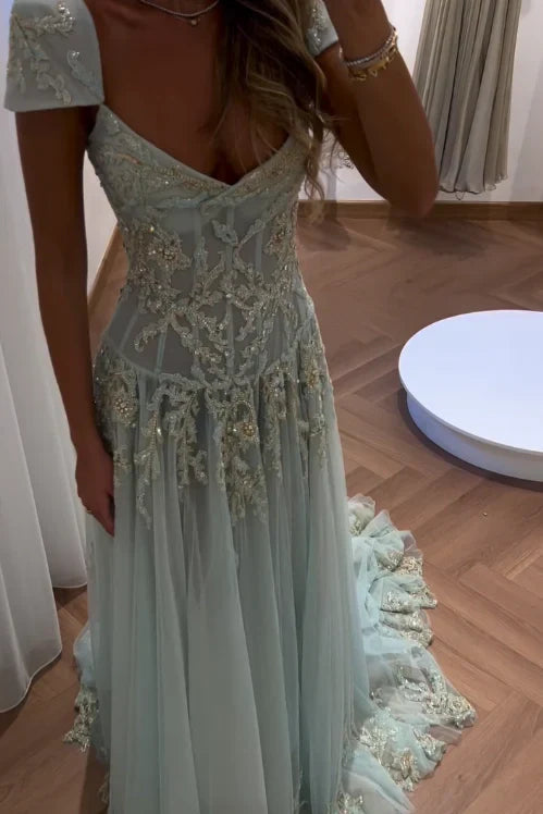 Gorgeous A Line Sweetheart Light Green Long Prom Dress with Appliques AD016