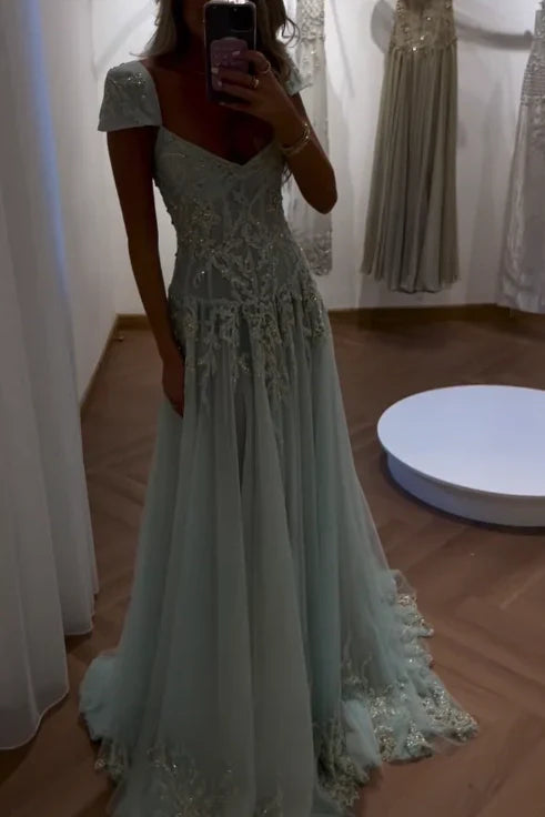 Gorgeous A Line Sweetheart Light Green Long Prom Dress with Appliques AD016