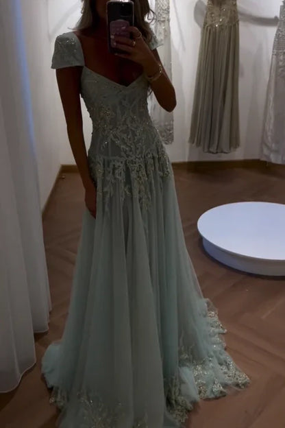 Gorgeous A Line Sweetheart Light Green Long Prom Dress with Appliques AD016