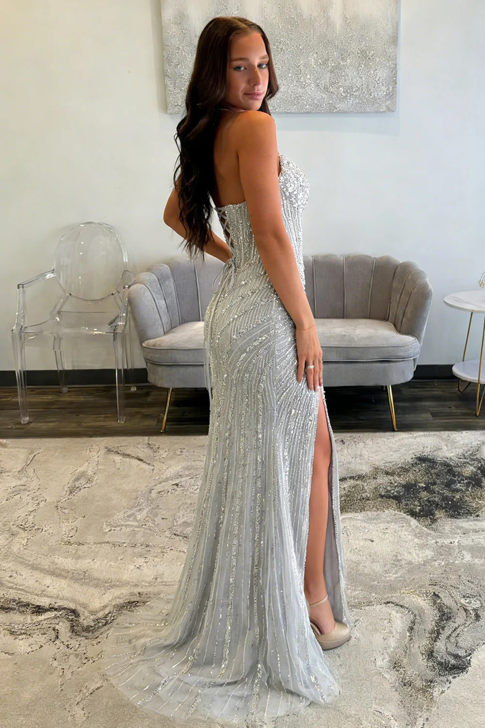 Sparkly Silver Beaded Mermaid Prom Dress with Deep V-Neck and Front Slit AD018