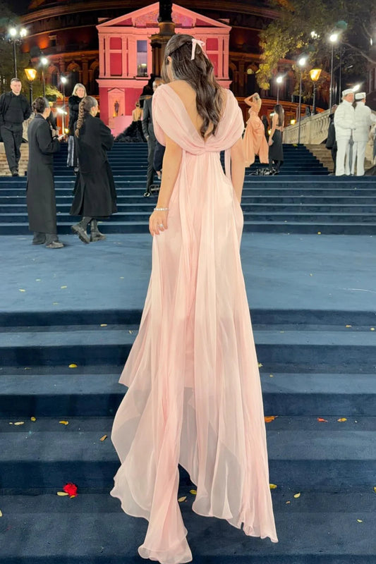 Sweety A Line V Neck Pink Long Prom Dress with Ruffles AD019