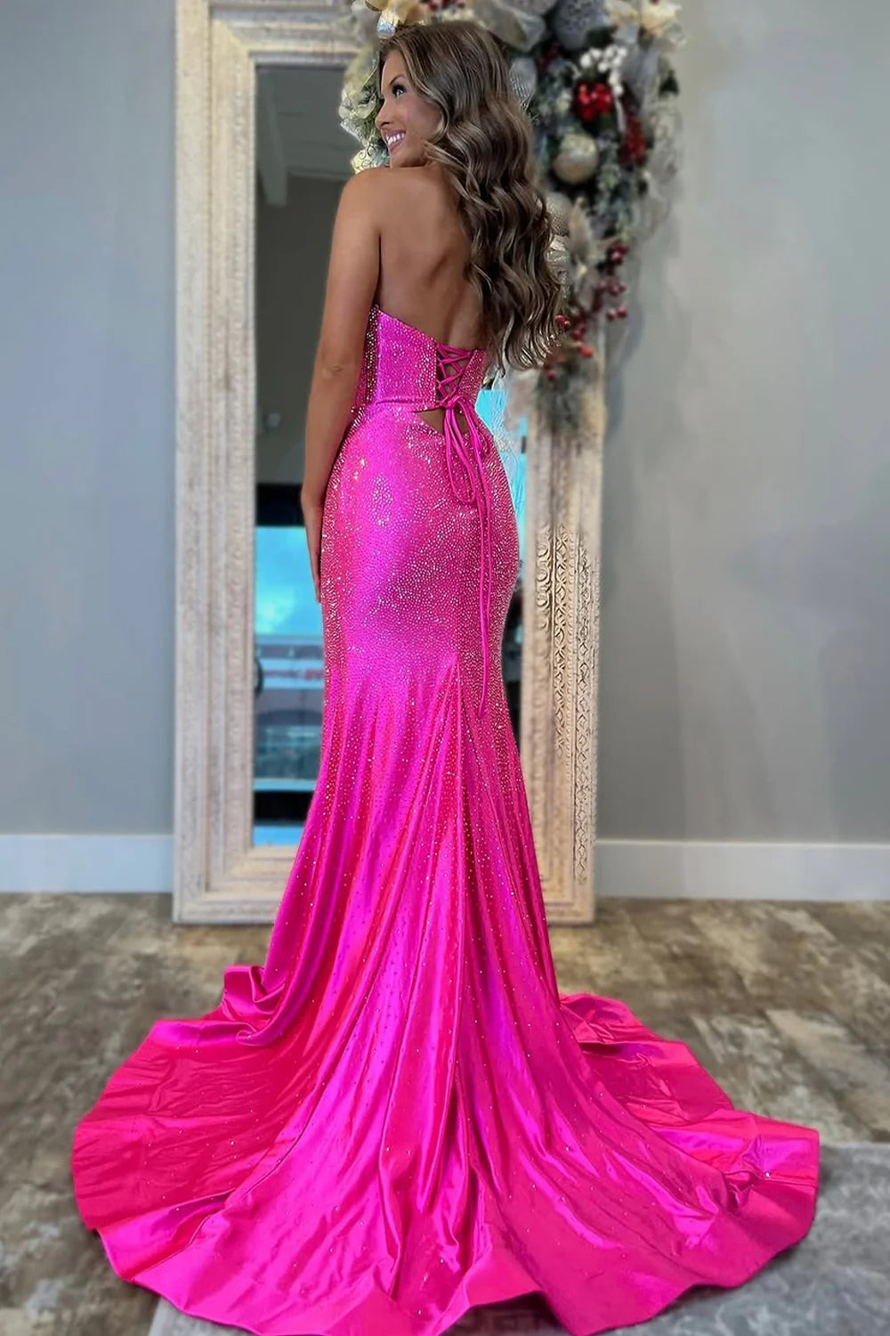 Glitter Hot Pink Mermaid Sweetheart Long Beaded Prom Dress with Leg Slit AD022