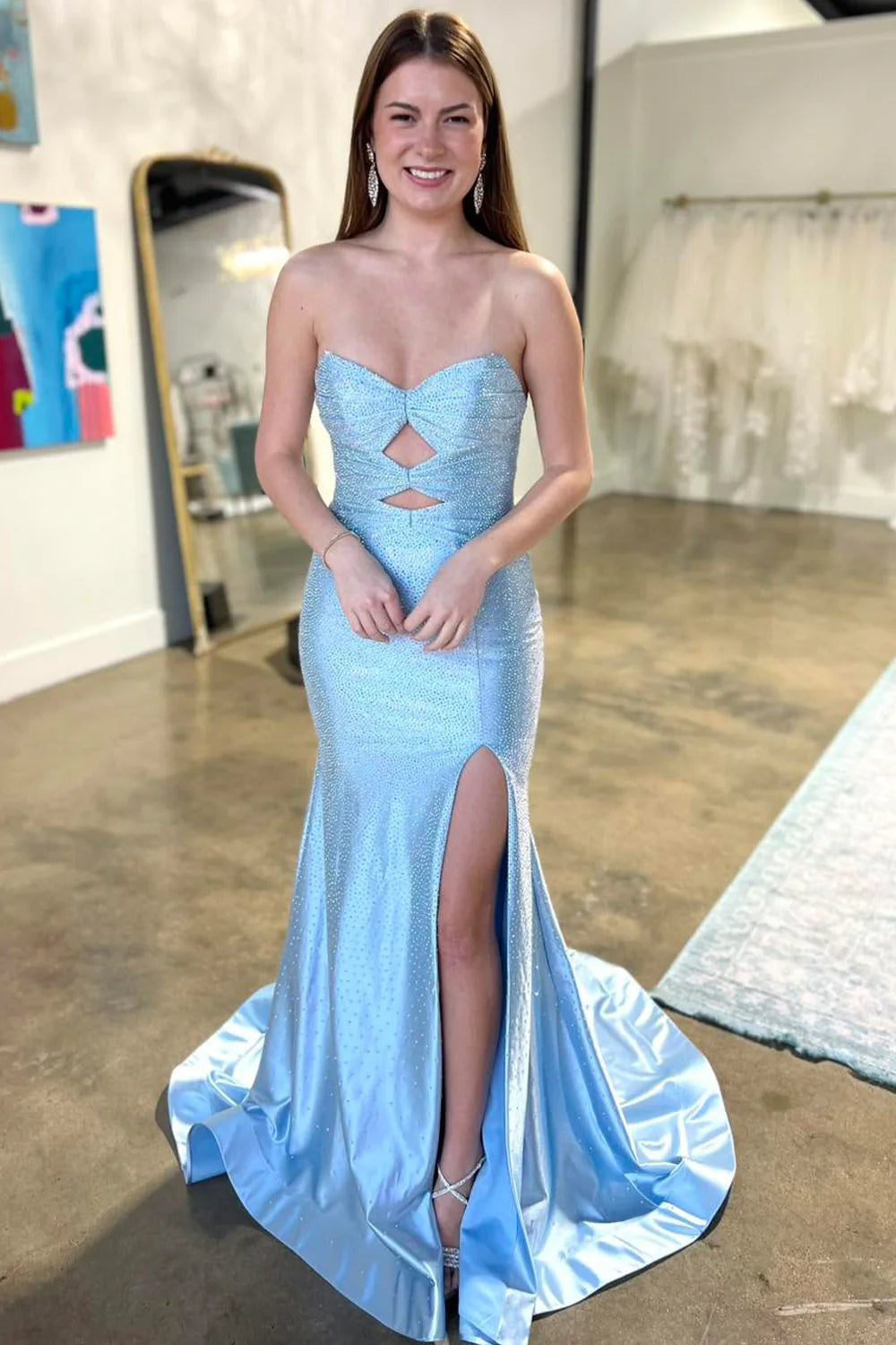 Glitter Hot Pink Mermaid Sweetheart Long Beaded Prom Dress with Leg Slit AD022
