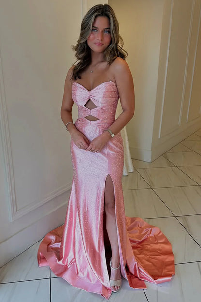 Glitter Hot Pink Mermaid Sweetheart Long Beaded Prom Dress with Leg Slit AD022