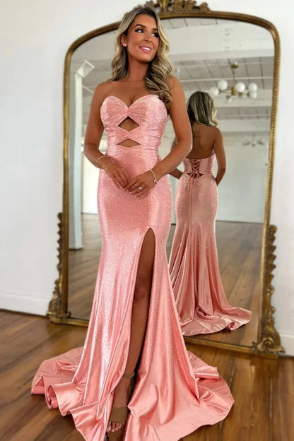 Glitter Hot Pink Mermaid Sweetheart Long Beaded Prom Dress with Leg Slit AD022