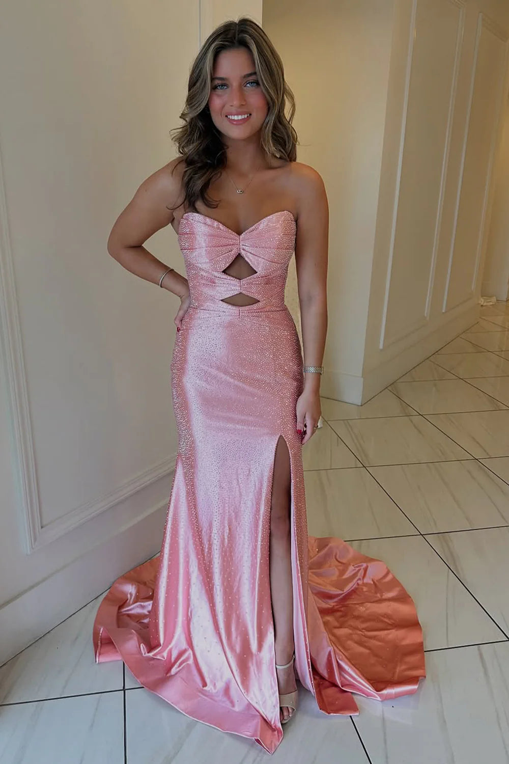 Glitter Hot Pink Mermaid Sweetheart Long Beaded Prom Dress with Leg Slit AD022