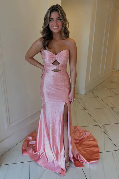 Glitter Hot Pink Mermaid Sweetheart Long Beaded Prom Dress with Leg Slit AD022