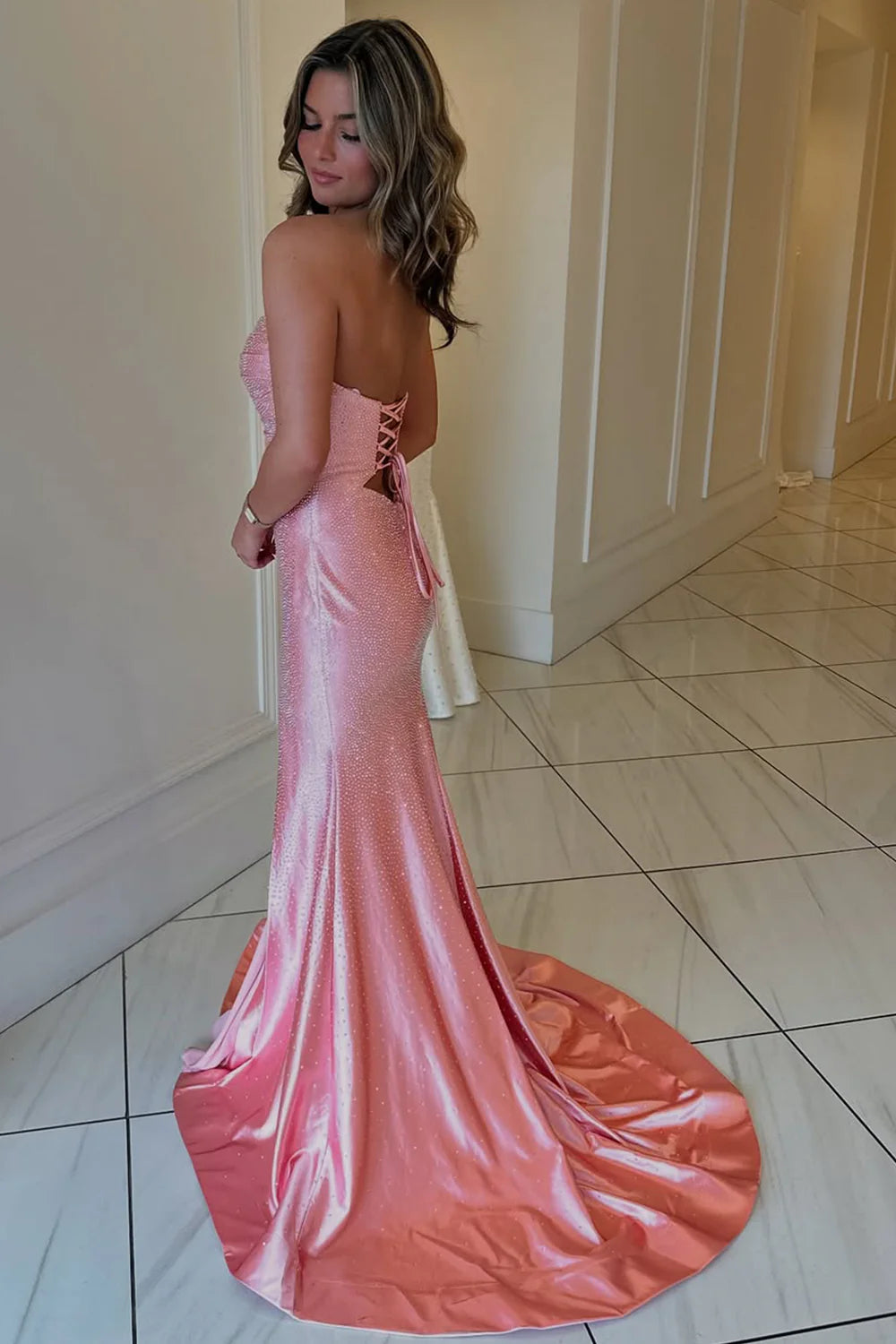 Glitter Hot Pink Mermaid Sweetheart Long Beaded Prom Dress with Leg Slit AD022