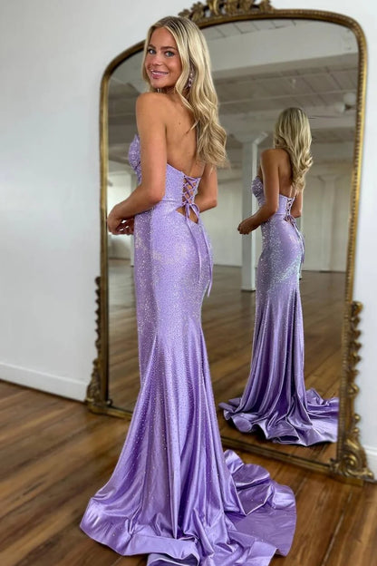 Glitter Hot Pink Mermaid Sweetheart Long Beaded Prom Dress with Leg Slit AD022