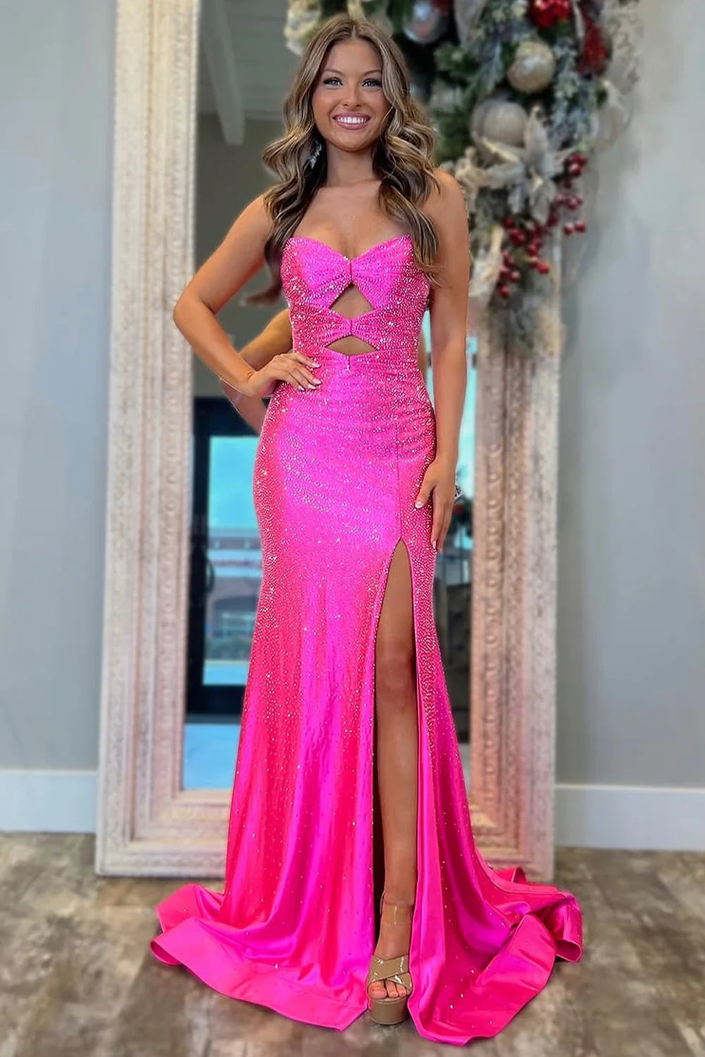 Glitter Hot Pink Mermaid Sweetheart Long Beaded Prom Dress with Leg Slit AD022