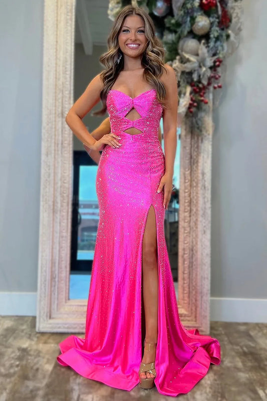 Glitter Hot Pink Mermaid Sweetheart Long Beaded Prom Dress with Leg Slit AD022