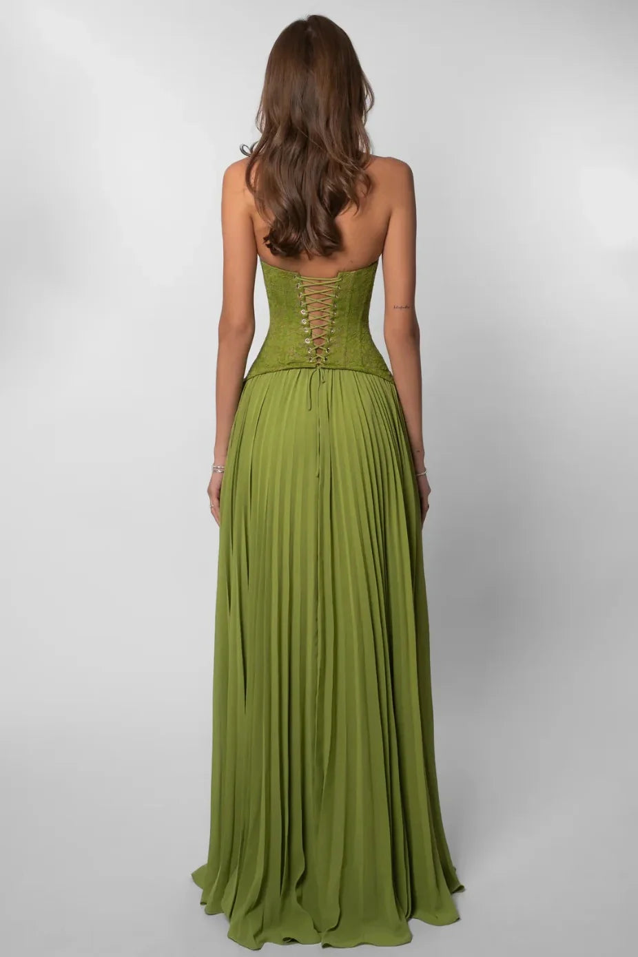 Gorgeous A Line Halter Neck Green Lace Corset Prom Dress with Ruffles AD023