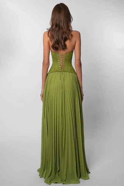 Gorgeous A Line Halter Neck Green Lace Corset Prom Dress with Ruffles AD023