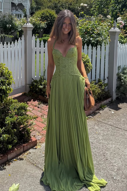 Gorgeous A Line Halter Neck Green Lace Corset Prom Dress with Ruffles AD023