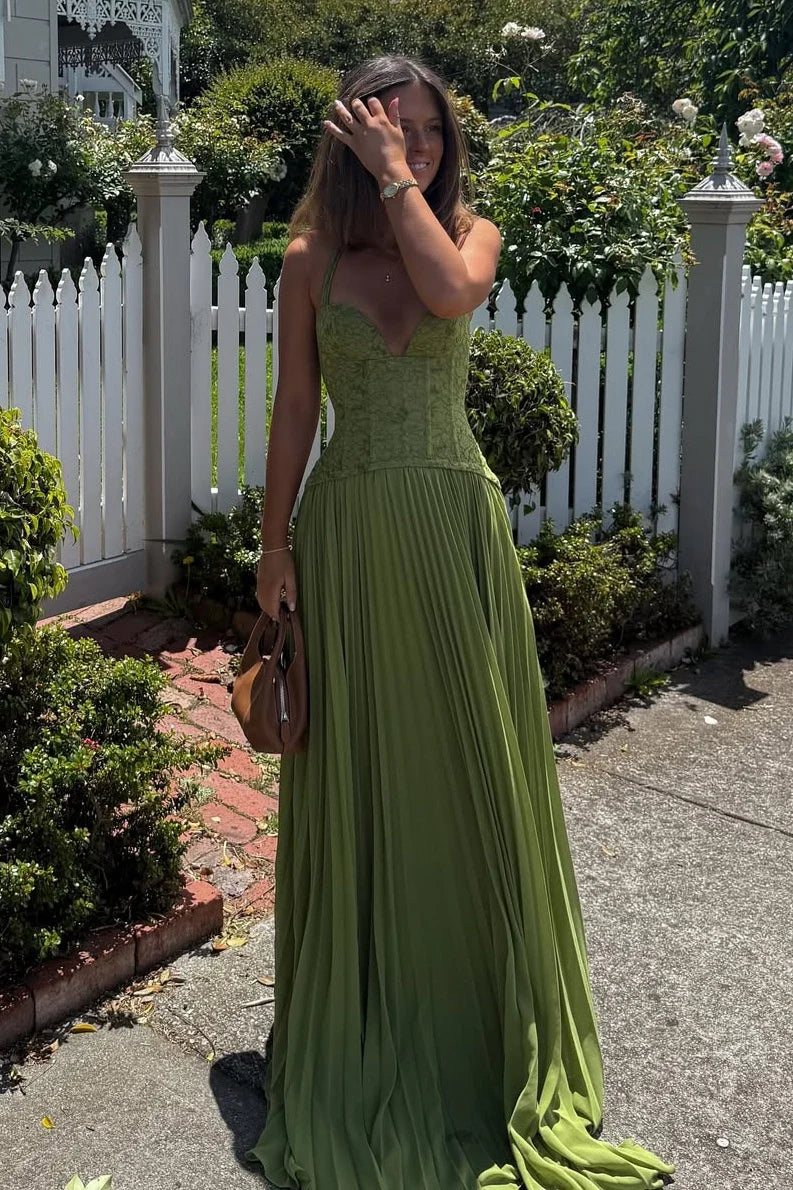 Gorgeous A Line Halter Neck Green Lace Corset Prom Dress with Ruffles AD023