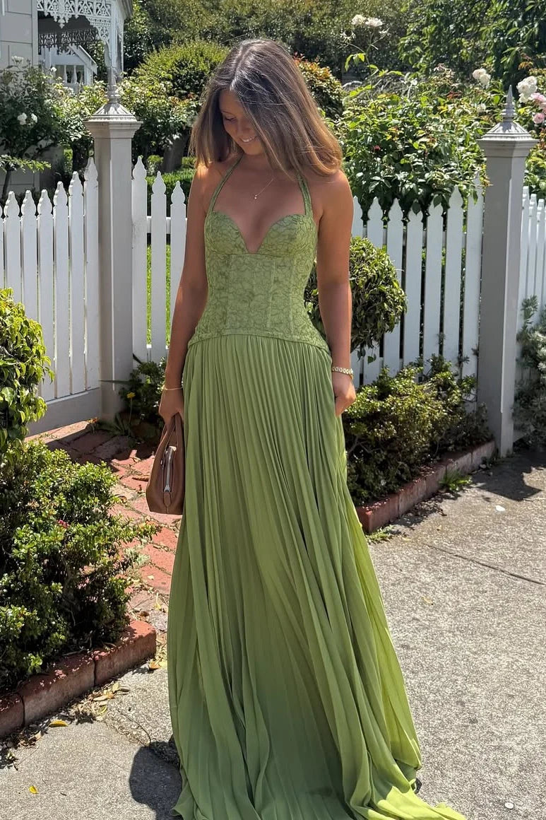 Gorgeous A Line Halter Neck Green Lace Corset Prom Dress with Ruffles AD023