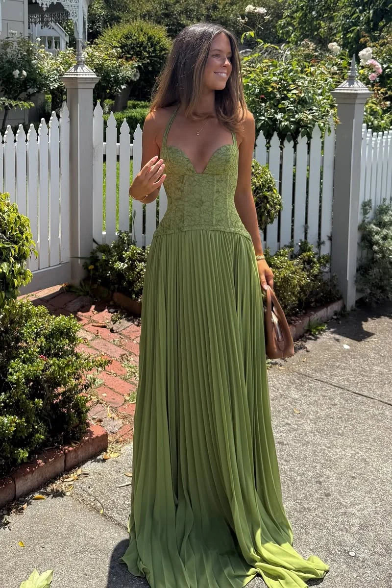 Gorgeous A Line Halter Neck Green Lace Corset Prom Dress with Ruffles AD023