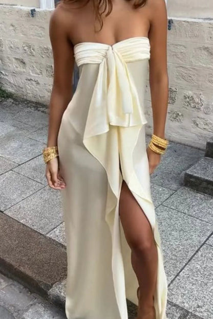 Elegant Strapless Satin Prom Dress with High Slit & Ruffle Layers AD024