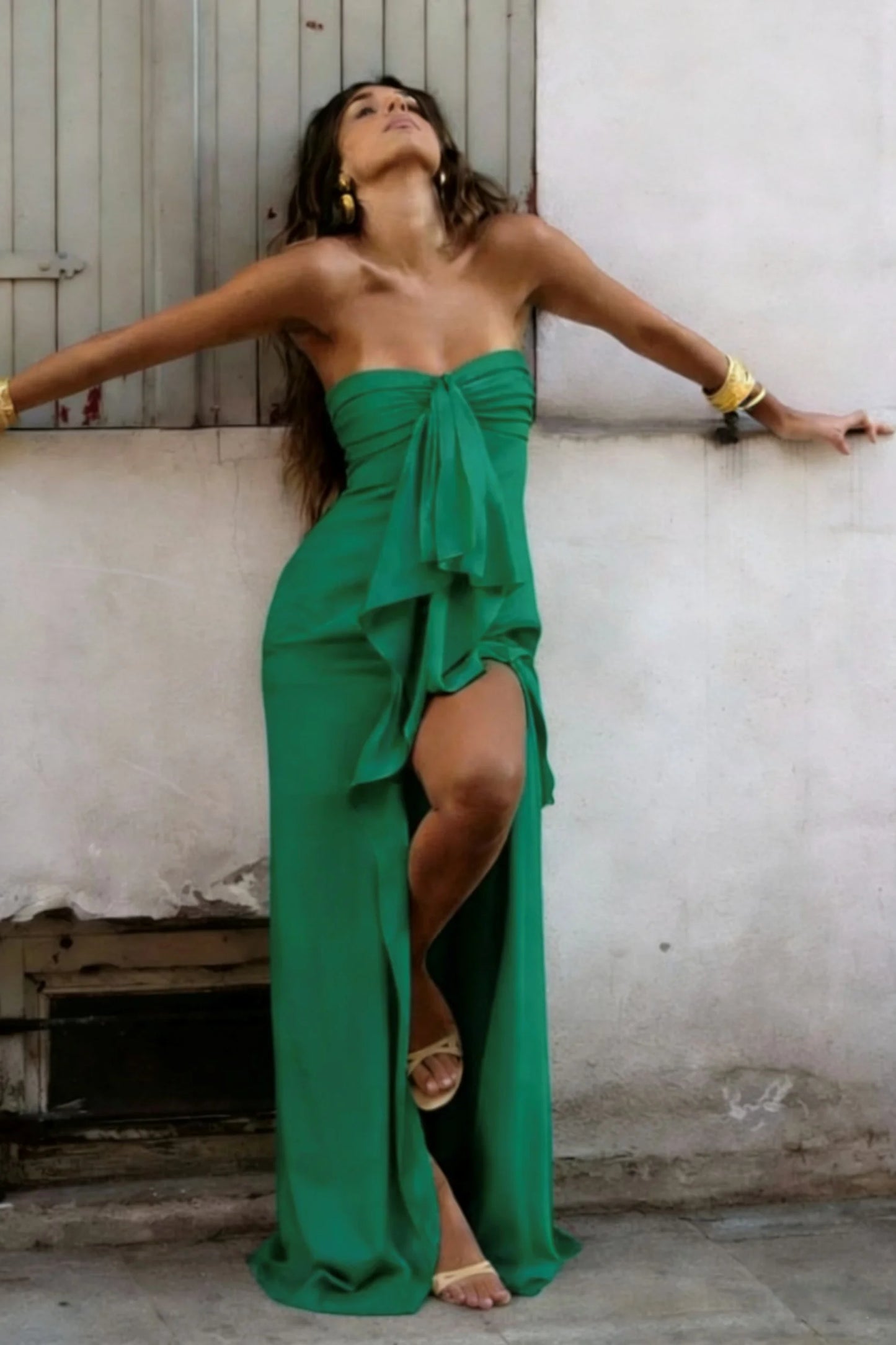 Elegant Strapless Satin Prom Dress with High Slit & Ruffle Layers AD024