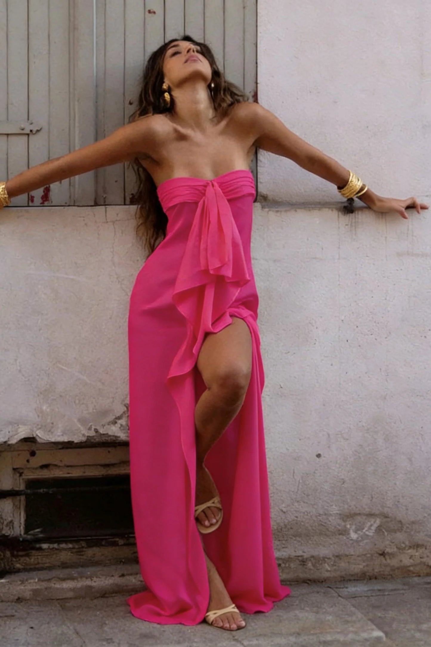 Elegant Strapless Satin Prom Dress with High Slit & Ruffle Layers AD024