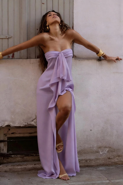 Elegant Strapless Satin Prom Dress with High Slit & Ruffle Layers AD024